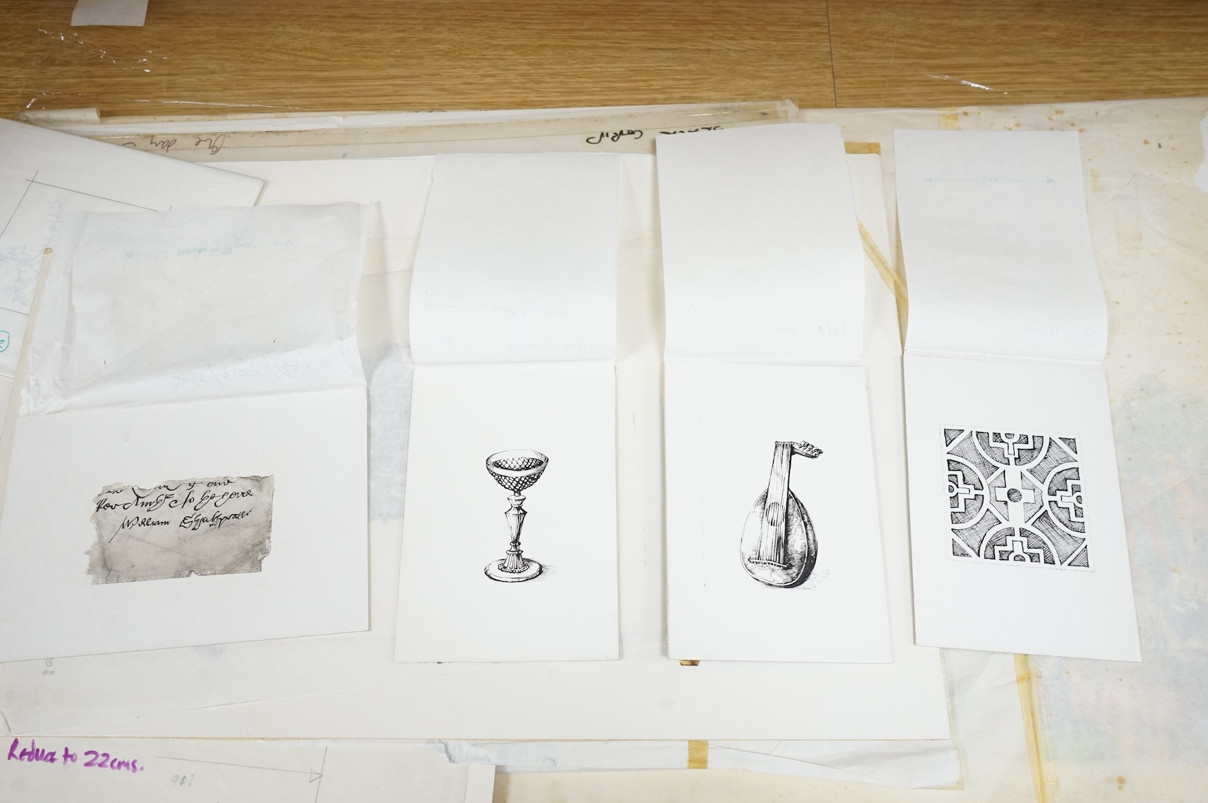 Gordon King, a collection of original illustrations for 'One day in Shakespeare's England' to include a copy of William Shakespeare's signature, The Globe Theatre and figures in 17th century dress, largest 45 x 95cm, unf
